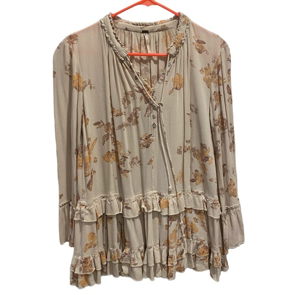 Free People Small Floral Ruched Layered Flowy Long Sleeve Blouse Top - Picture 1 of 15